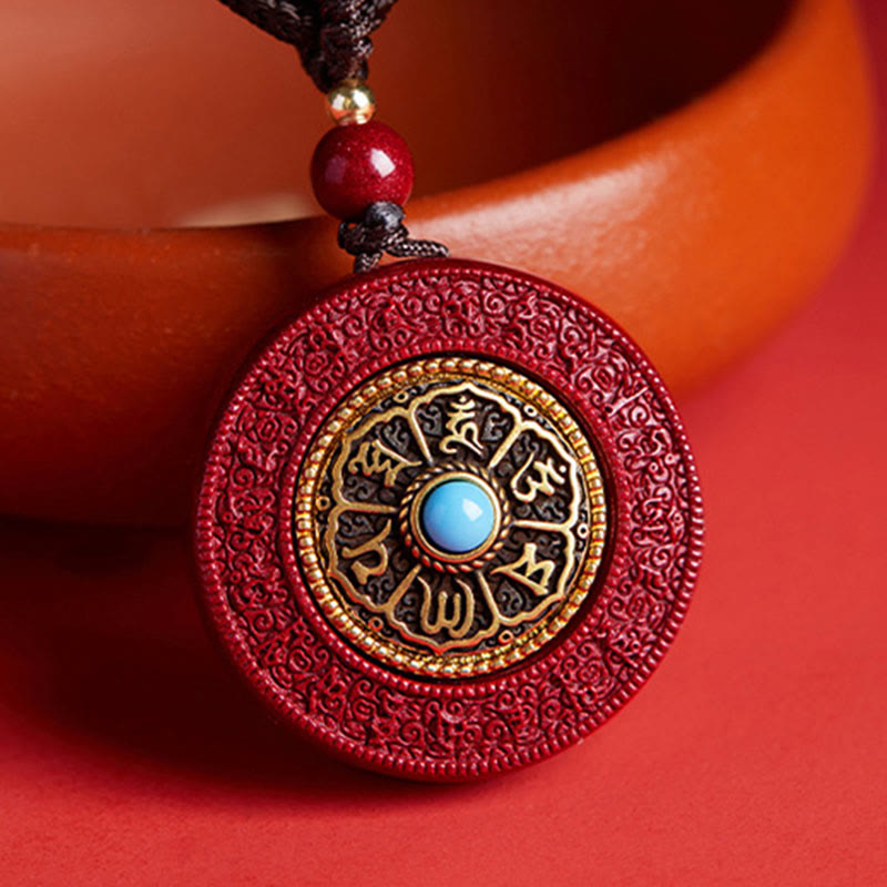 Buddhist Blessing Natural Cinnabar Om Mani Padme Hum Rotatable Scripture Yin Yang Pattern Blessing Necklace String Pendant