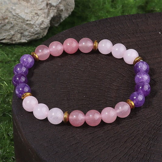 Buddhist Blessing Amethyst Strawberry Quartz Pink Crystal Beads Love Peace Bracelet