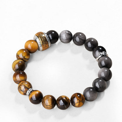 Buddhist Blessing Natural Silver Sheen Obsidian Tiger's Eye Six True Words 'Om Mani Padme Hum' Strength Bracelet