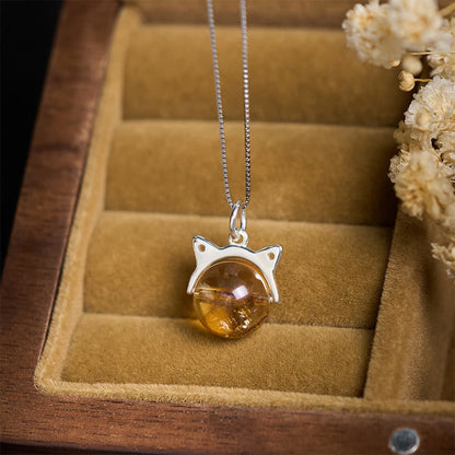 Buddhist Blessing 925 Sterling Silver Natural Citrine Cat Prosperity Necklace Pendant