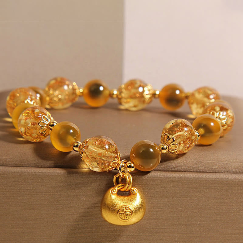 Buddhist Blessing Yellow Candy Agate Fu Character Blessing Bag Healing Bracelet