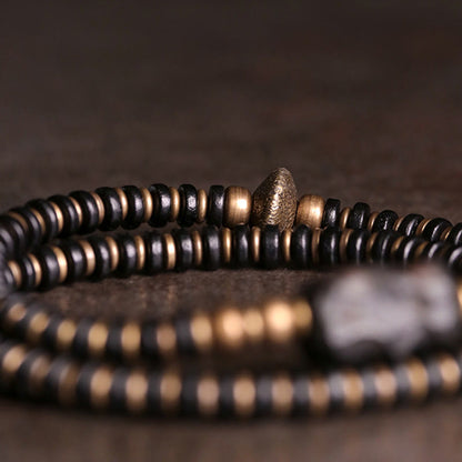Buddhist Blessing Ebony Wood Green Sandalwood Copper Brass Calm Double Wrap Bracelet