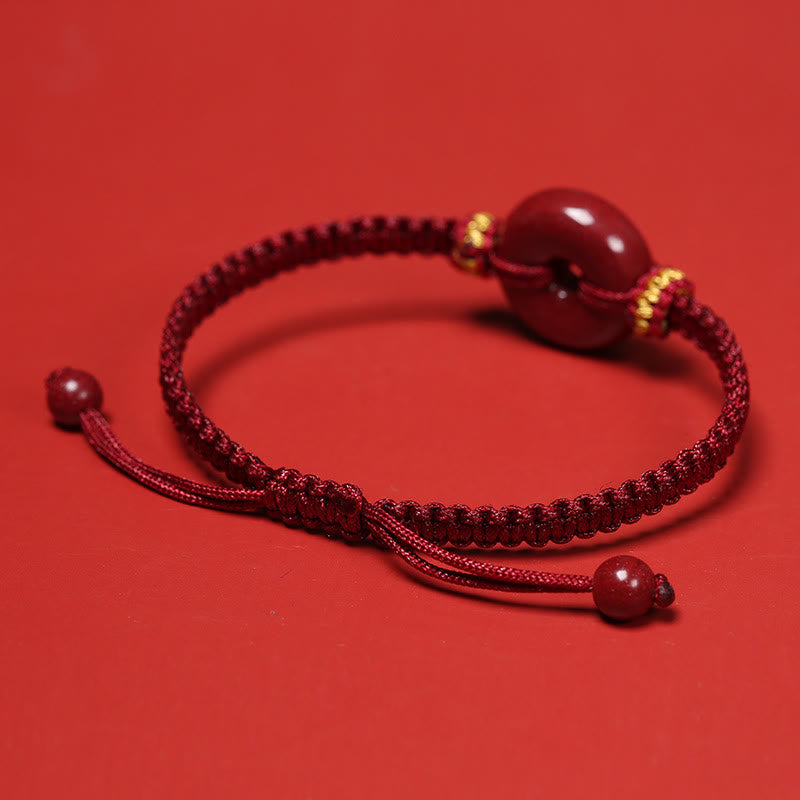 Buddhist Blessing Handmade Cinnabar Round Peace Buckle Concentration Braided Bracelet