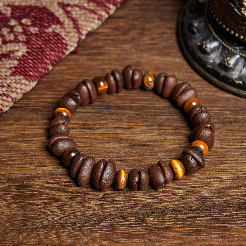 Buddhist Blessing Natural Coffee Beans Tiger Eye Grey Jasper Lava Rock Beads Bracelet