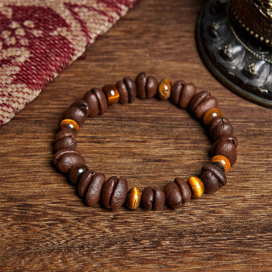 Buddhist Blessing Natural Coffee Beans Tiger Eye Grey Jasper Lava Rock Beads Bracelet
