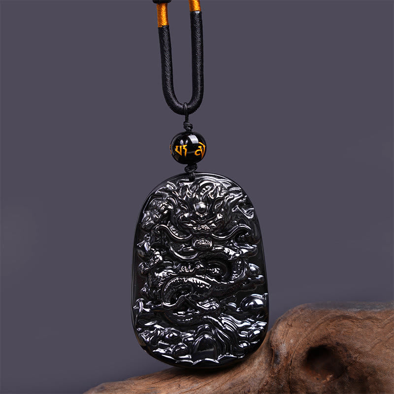 Buddhist Blessing Black Obsidian Dragon Carved Luck Protection Necklace Pendant