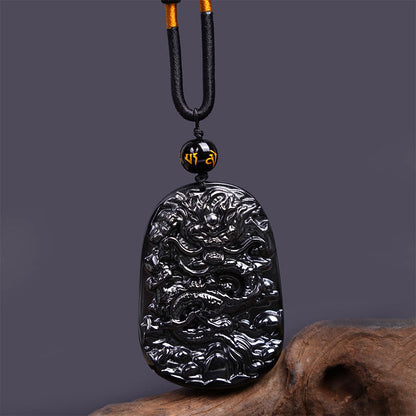 Buddhist Blessing Black Obsidian Dragon Carved Luck Protection Necklace Pendant