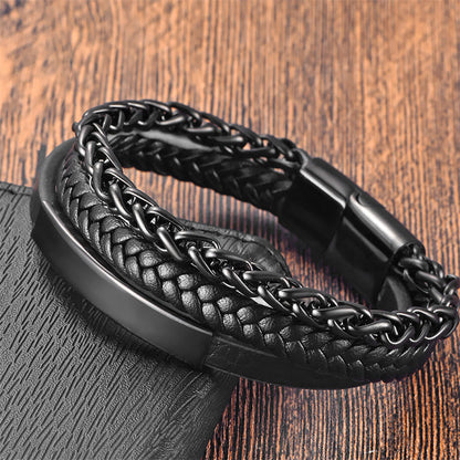 Buddhist Blessing Woven Pattern Titanium Steel Stimulation Multi-layer Leather Buckle Bracelet