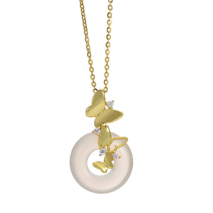 Buddhist Blessing 925 Sterling Silver Butterfly Chalcedony Peace Buckle Blessing Luck Necklace Pendant