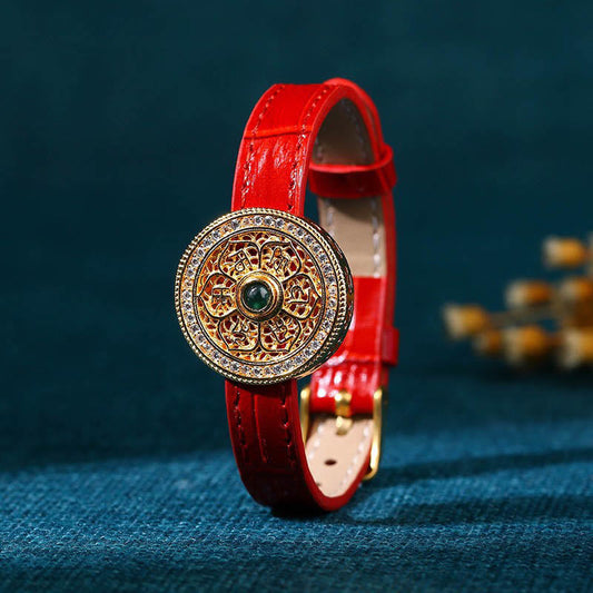 Buddhist Blessing Six True Words Eight Treasures Compass Jade 24K Gold Plated Luck Leather Bracelet