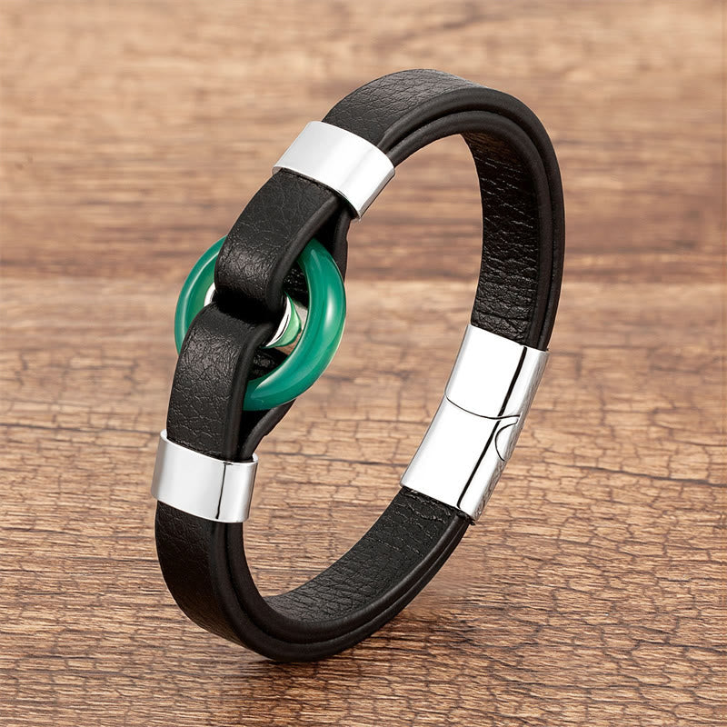 Buddhist Blessing Round Green Aventurine Black Onyx Hematite Agate Rose Quartz Stone Balance Leather Magnetic Buckle Bracelet