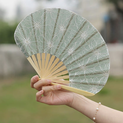 Buddhist Blessing Retro Large Flower Embroidery Shell Shape Tassels Handheld Bamboo Folding Fan