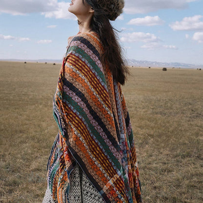 Buddhist Blessing Tibetan Colorful Stripe Geometry Tassels Shawl Fall Winter Soft Scarf Wrap