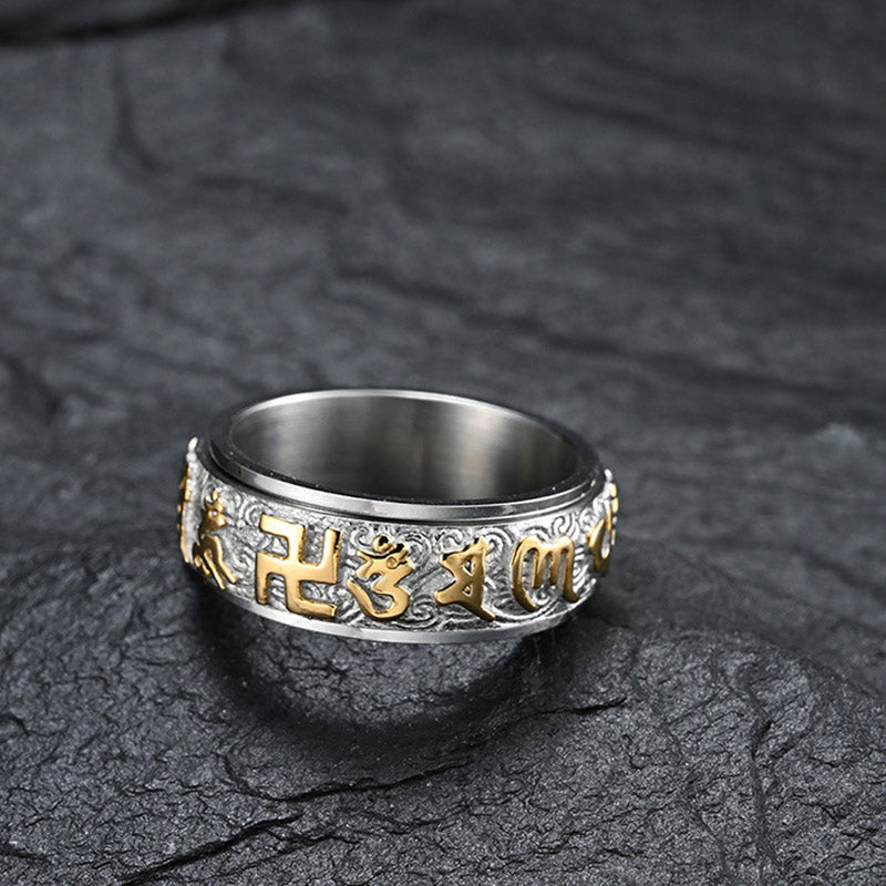 Buddhist Blessing Six True Words Balance Calm Titanium Steel Ring (Extra 30% Off | USE CODE: FS30)