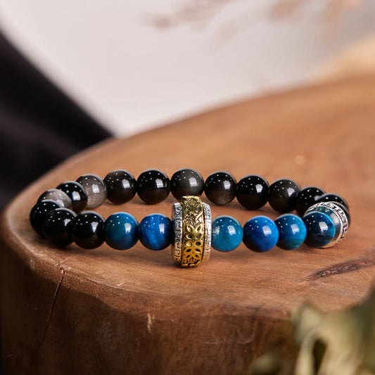 Buddhist Blessing Silver Sheen Obsidian Blue Tiger Eye Om Mani Padme Hum Protection Bracelet