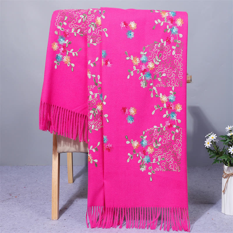 Buddhist Blessing Rayon Fabric Shawl Colorful Small Flowers Embroidery Tassel Winter Cozy Travel Scarf Wrap