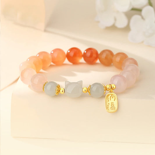 Buddhist Blessing 925 Sterling Silver Red Agate Hetian Jade Cat Fu Character Confidence Bracelet