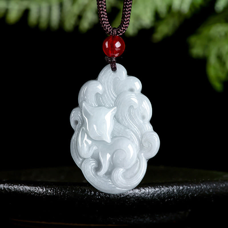 Buddhist Blessing Natural Jade Nine Tailed Fox Luck Necklace Pendant