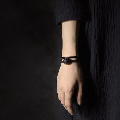 Buddhist Blessing Ebony Wood Copper Brass Balance Ball Cuboid Double Wrap Bracelet Necklace