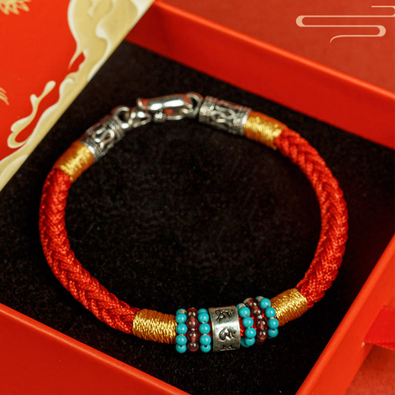 Buddhist Blessing Red String Black String Six True Words 925 Sterling Silver Connection Bracelet