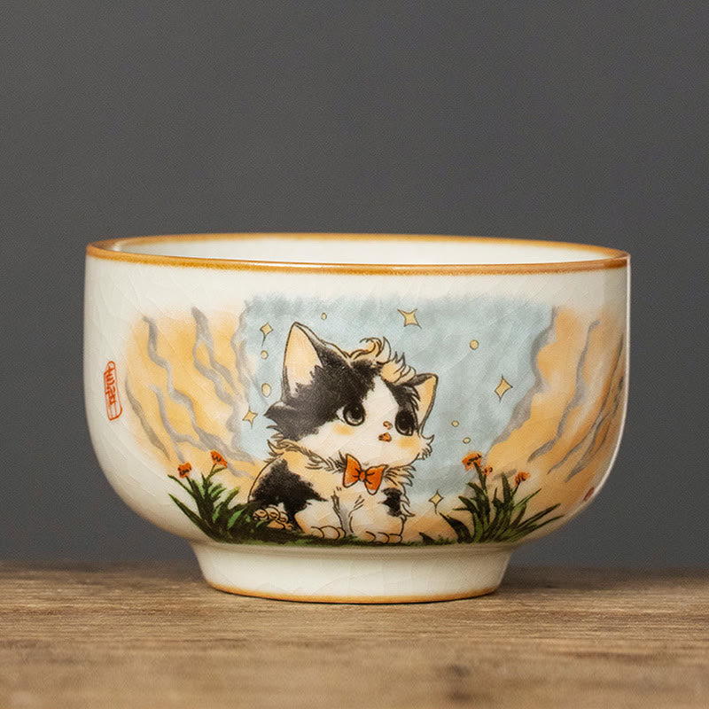 Buddhist Blessing Cute Bow Tie Cat Teacup Kung Fu Tea Cup