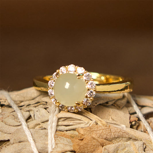 Buddhist Blessing Natural Hetian Jade Egg Copper Open Luck Prosperity Ring