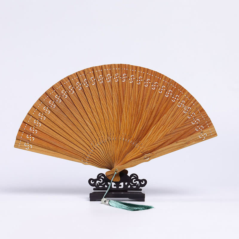 Buddhist Blessing Auspicious Clouds Crane Peacock Chang'e Moon Engraved Pattern Handheld Green Sandalwood Folding Fan