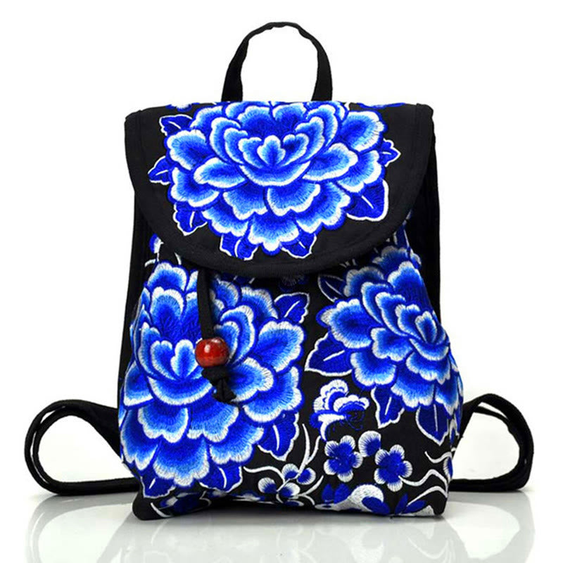 Buddhist Blessing Peony Chinese Money Tree Embroidery Canvas Backpack