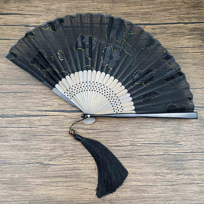 Buddhist Blessing Retro Leaves Flower Silk Handheld Bamboo Folding Fan