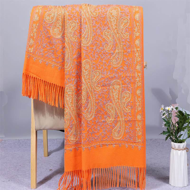 Buddhist Blessing Rayon Fabric Shawl Golden Cashew Flowers Embroidery Tassel Winter Cozy Travel Scarf Wrap