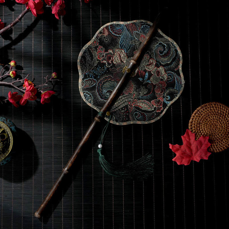 Buddhist Blessing Handmade Shell Scales Leaves Epiphyllum Pattern Long Purple Bamboo Handle Portable Curlable Fan