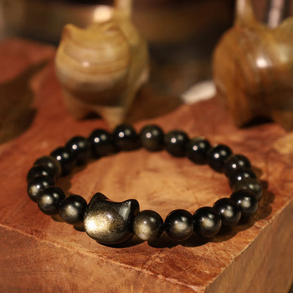 Buddhist Blessing Gold Sheen Obsidian Silver Sheen Obsidian Lovely Paw Lucky Cat Protection Bracelet