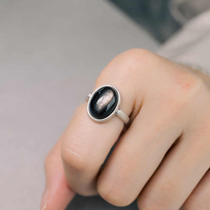 Buddhist Blessing Natural 925 Sterling Silver Silver Sheen Obsidian Adjustable Protection Ring