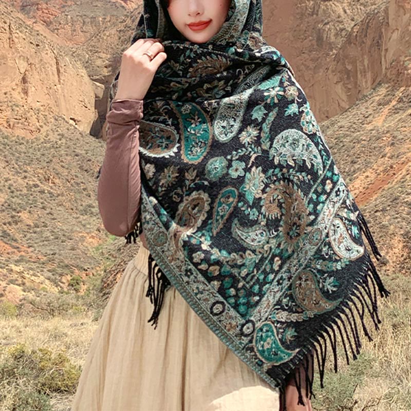 Buddhist Blessing Tibetan Cashew Flowers Leaves Vine Tassels Shawl Fall Winter Soft Cozy Scarf Wrap