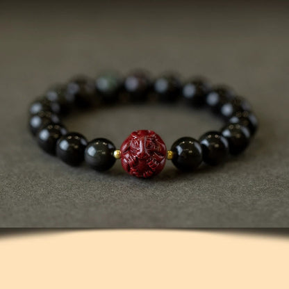 Buddhist Blessing Chinese Zodiac Natural Black Obsidian Cinnabar Purification Bracelet