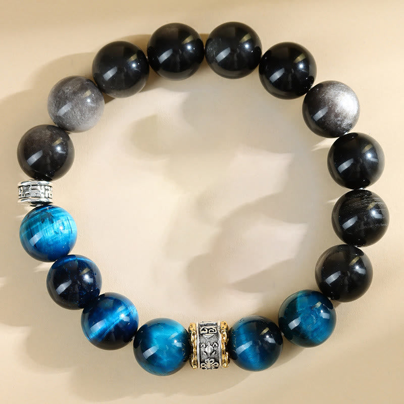 Buddhist Blessing Blue Tiger Eye Silver Sheen Obsidian Strength Bracelet