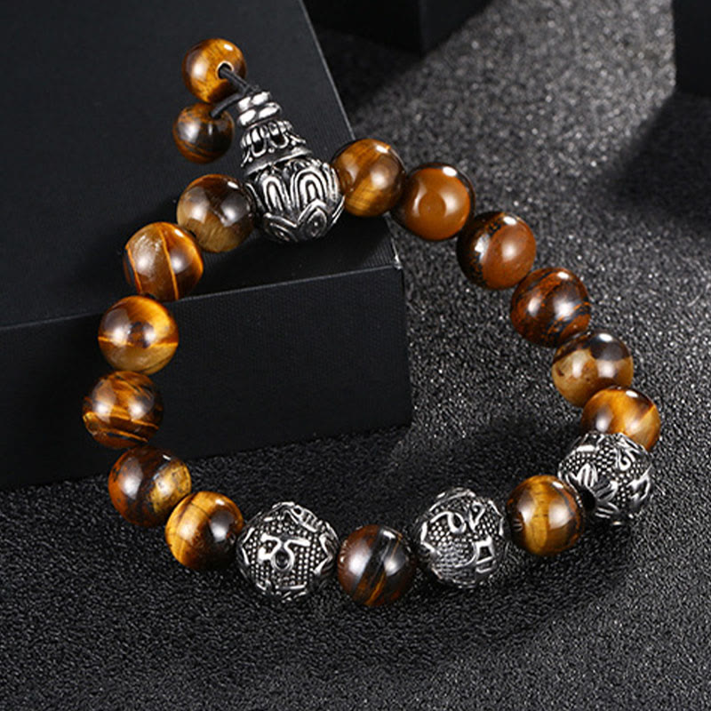 Buddhist Blessing Natural Tiger Eye Lava Rock Black Obsidian Titanium Steel Six-True-Words Om Mani Padme Hum Protection Bracelet