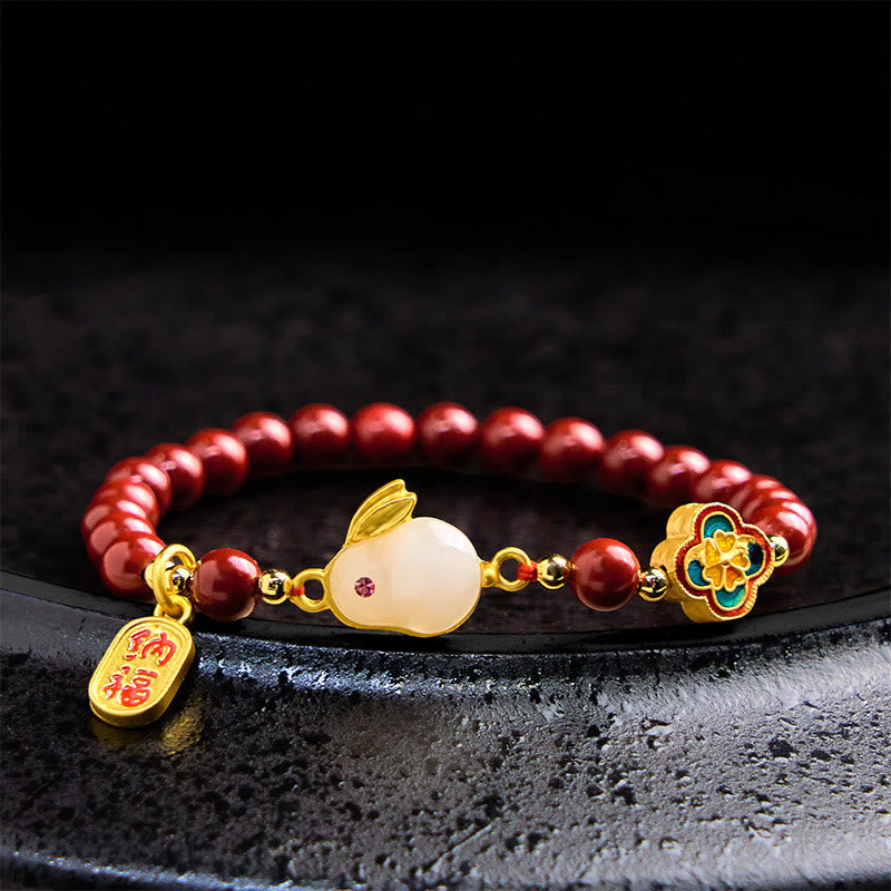 Buddhist Blessing Cinnabar Cute Rabbit Bunny Fu Character Calm Bracelet