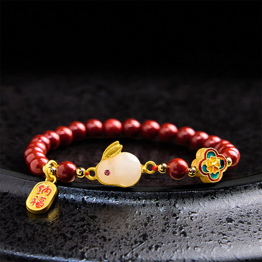 Buddhist Blessing Cinnabar Cute Rabbit Bunny Fu Character Calm Bracelet