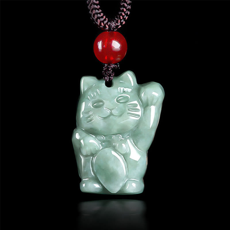Buddhist Blessing Lucky Cat Jade Abundance Necklace Pendant