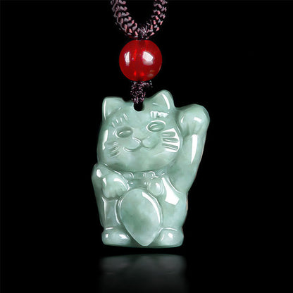 Buddhist Blessing Lucky Cat Jade Abundance Necklace Pendant