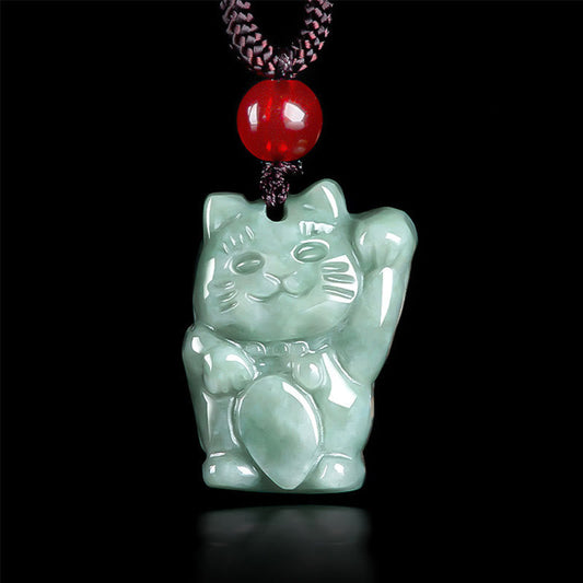 Buddhist Blessing Lucky Cat Jade Abundance Necklace Pendant