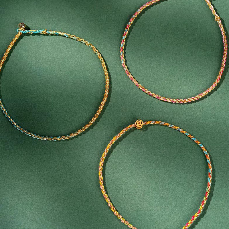 Buddhist Blessing Colorful Rope Luck Coin Bead Abundance Extra Thin Braided Bracelet
