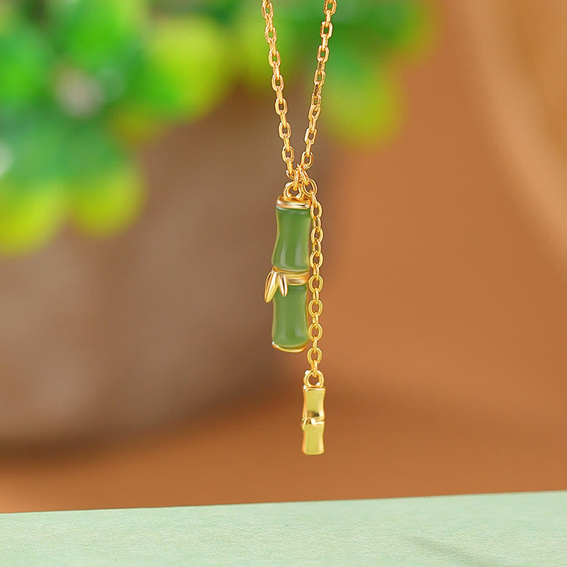Buddhist Blessing Hetian Jade 925 Sterling Silver Bamboo Abundance Necklace Pendant