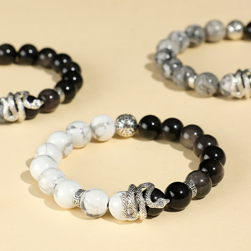 Buddhist Blessing Natural Silver Sheen Obsidian White Turquoise Grey Jasper Snowflake Obsidian Year Of The Snake Protection Bracelet