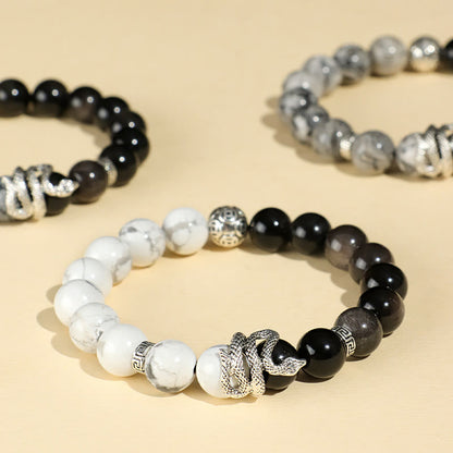 Buddhist Blessing Natural Silver Sheen Obsidian White Turquoise Grey Jasper Snowflake Obsidian Year Of The Snake Protection Bracelet