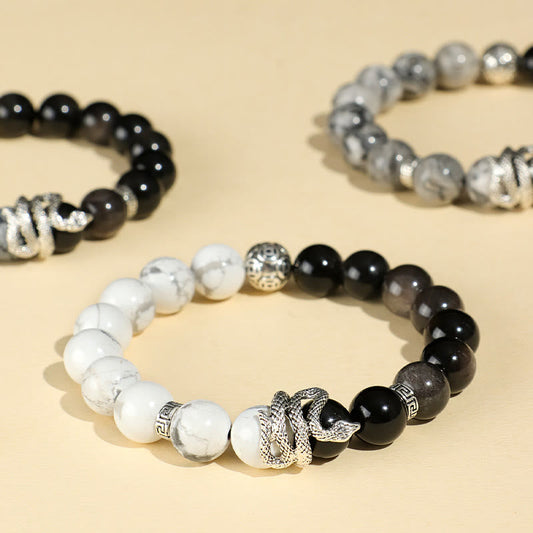 Buddhist Blessing Natural Silver Sheen Obsidian White Turquoise Grey Jasper Snowflake Obsidian Year Of The Snake Protection Bracelet