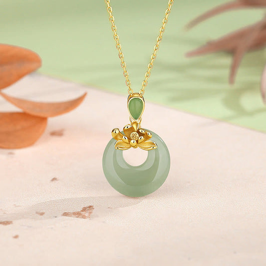 Buddhist Blessing Jade Lotus Abundance String Necklace Pendant