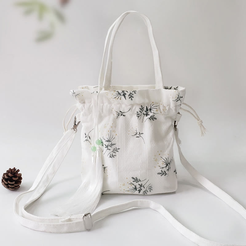 Buddhist Blessing White Flowers Green Leaves Canvas Tote Crossbody Bag Shoulder Bag Handbag