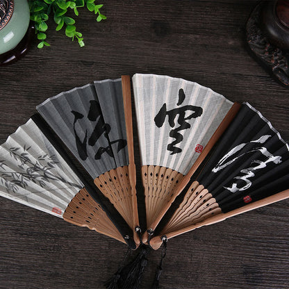 Buddhist Blessing Chinese Characters Golden Dragonfly Handheld Cotton Linen Bamboo Folding Fan 22cm